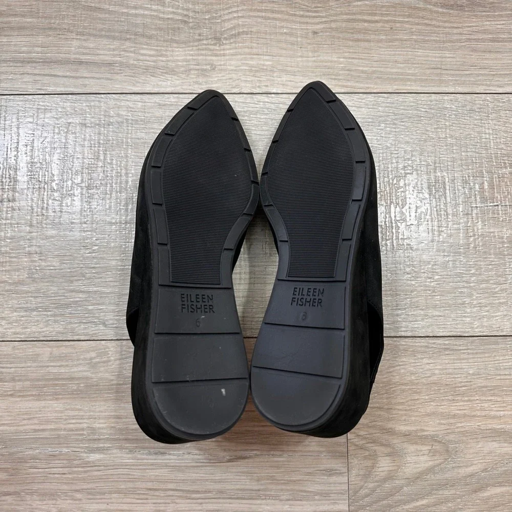 Eileen Fisher Devi Tumbled Nubuck Black Leather Slingback Wedge Heels Women's‎ 6
